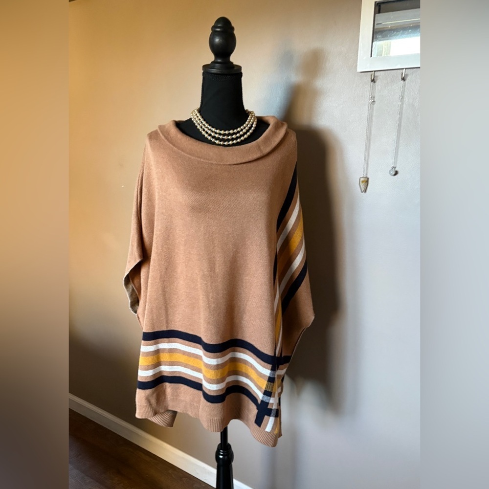 TALBOTS Sabrina poncho sweater preppy classic fall tan navy mustard EUC sz M/L - Picture 4 of 15